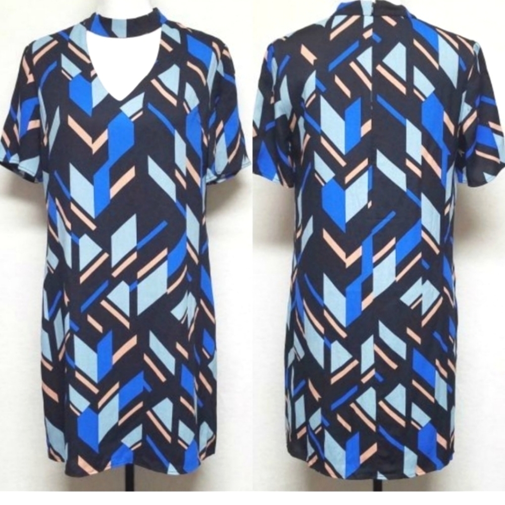 PARIS SUNDAY MULTICOLORED GEOMETRIC CHOKER V-NECK SHIFT DRESS SIZE MEDIUM